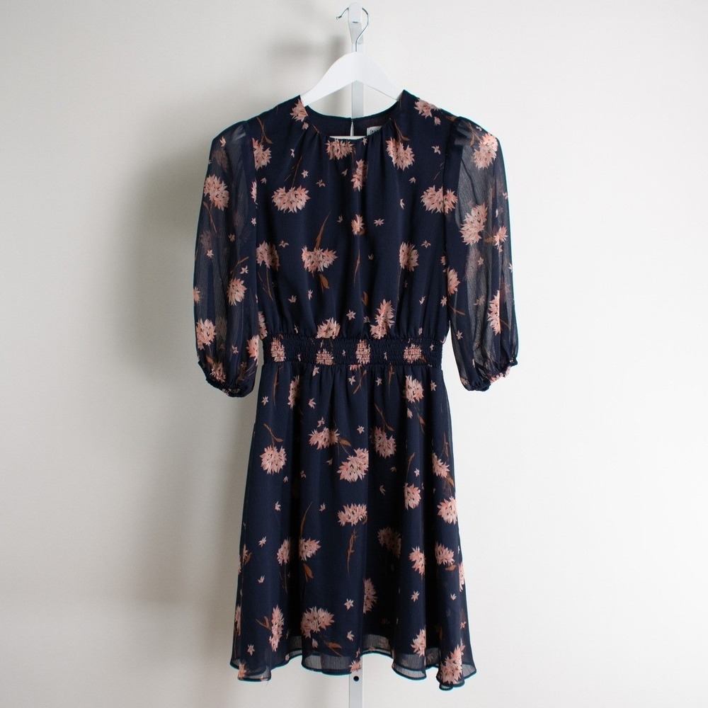 Warehouse Mini Dress Navy Blue‎ Pink Floral Sheer Sleeve Size S